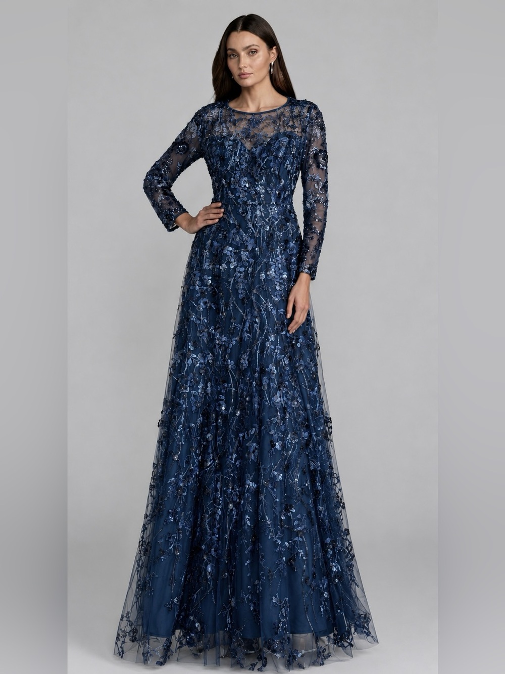 NWT Shani Luxe Floral Blue Noir Embroidered Sequin Illusion Long Sleeve Gown 12